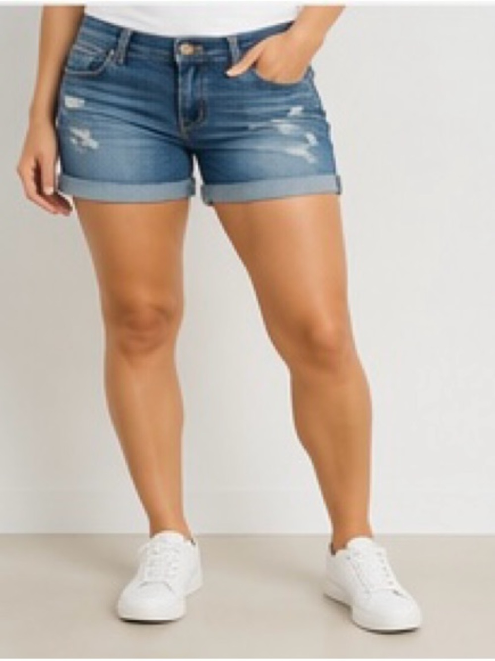 Seven7 Women's Distressed Jean Shorts - Medium Blue Wash stretchy